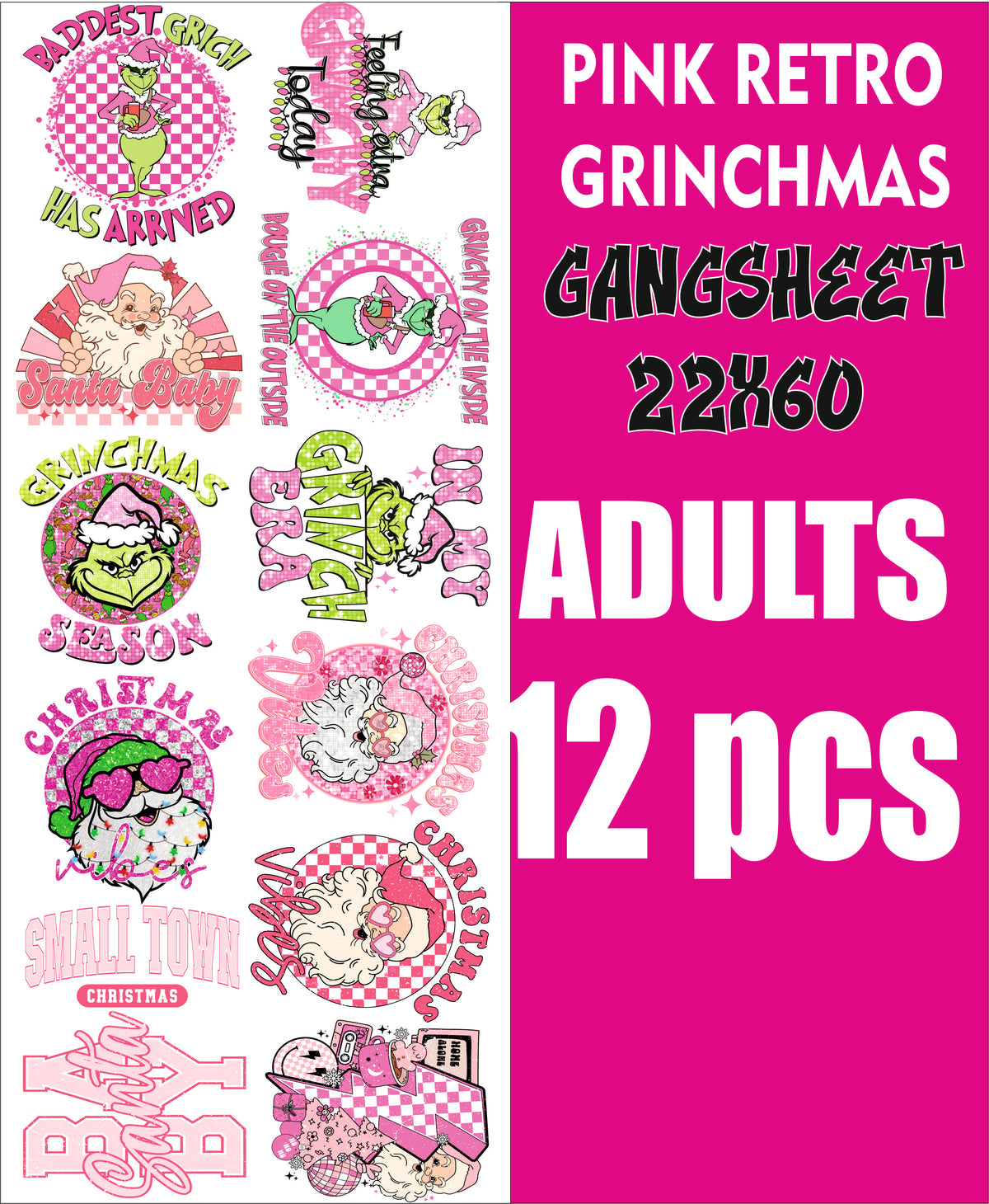 pink retro crinchmas 12 pc gangsheet  ready to press